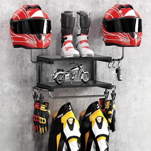 CNTSLNB Motorradhelm Halterung Wand für 2 Helme Motorrad Garderobe Wand mit Kleiderbügel und Haken 30 kg Tragfähigkeit geeignet für Fahrrad und Skihelme (Schwarz)