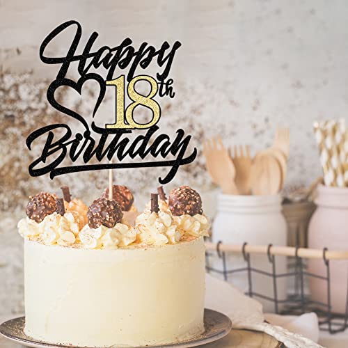 Sleyberoy Black Gold Glitter Happy 18 Birthday Cake Topper - Handmade Hello 18Th/Cheers 18Th、18Th Birthday For Boy And Girl 18Th Wedding Anniversary、Love And Blessings Promise Update Party (18Th) #TOP5