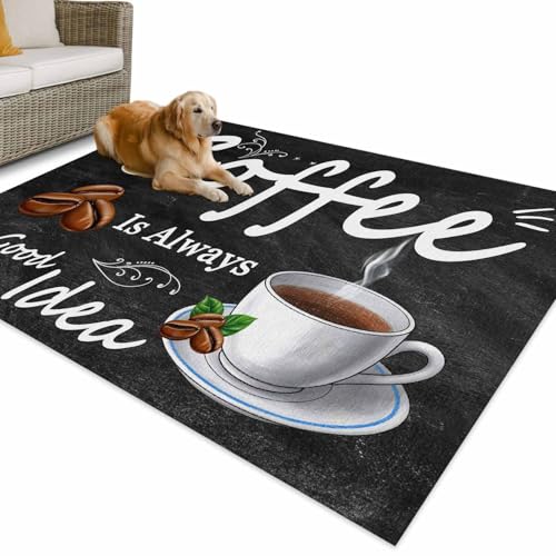 Outdoor Rug 5x8ft Coffee Bean Cup Cafe Drink on Black