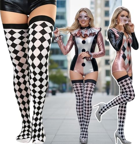 Image of ToBeInStyle Women's Harlequin Jester Thigh High Stockings Playing Card Checkered Opaque Halloween Costume Hosiery