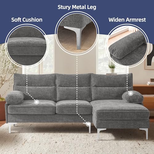 Image of Ihanherry Convertible Sectional Sofa, 85' 3 Seat L-Shaped Modern Chenille Fabric Modular Sofa, Reversible Wide Chaise & Fluffy Armrests, Grey