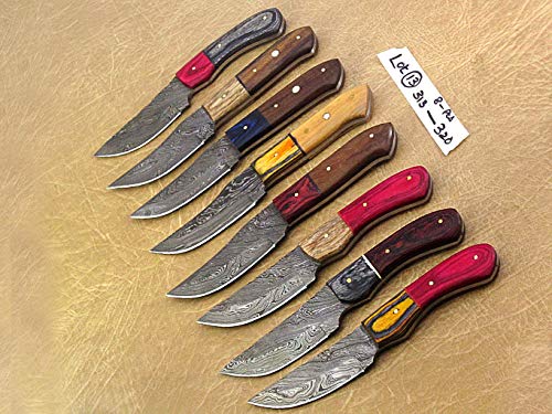8 pieces lot of Damascus steel skinning knives, Pocket knives with Leather sheath, Camping knife set, hand forged Damascus steel blade