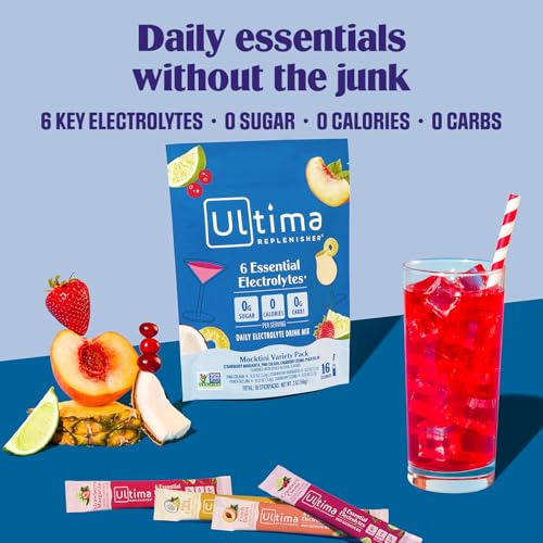 Image of Ultima Replenisher Daily Electrolyte Powder - Mocktini Variety Pack, 16 Stickpacks - Zero Sugar Hydration Packets with 6 Electrolytes and Minerals - Sugar Free, Plant Based & Keto Friendly​ Drink Mix