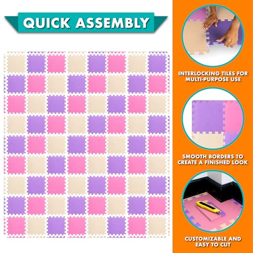 Image of ProSource Baby Play Mat, Soft Foam Floor Tiles for Kids, Interlocking EVA Panels for Playpen Use, Crawling Development Surface, Safe Non-Toxic Toddler Flooring, 72 Tiles, Pink /Purple /Beige