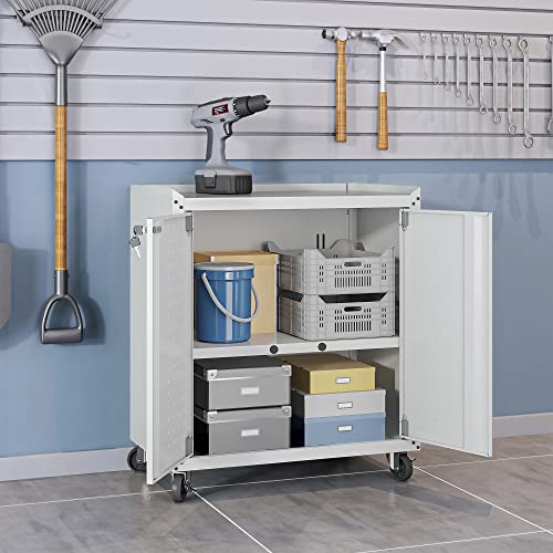 Image of Manhattan Comfort Fortress Rolling Garage Storage Cabinet with 2 Adjustable Shelves, Lockable Metal Tool Compartment, Heavy-Duty Mobile Utility Organizer with Wheels, White