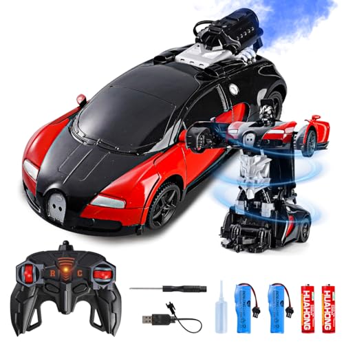Daioller Macchina Telecomandata Robot Trasformabile,Robots Radiocomandata con Luce LED & Musica, Auto RC con Spruzzatore per Bambini di 4 5 6 7 8 9 Anni (Rosso)