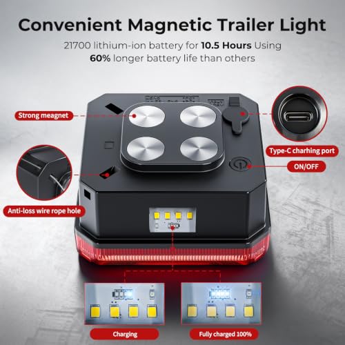 HWSTAR Wireless Magnetic Trailer Lights Kit, Rechargeable LED Tow Lights with Brake, Turn, Reverse, Warning & Running Functions, IP67 Waterproof for Truck, RV, Boat & Trailer by HWSTAR - Image 7