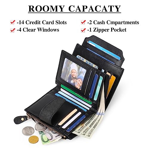 Image of GOIACII RFID Secure Wallet for Women Small Card Holder Leather Black | Trifold Billfold, Cross Grain Leather, Compact Size, 4 ID Windows, 12 Card Slots, 1 Zipper Coin Pocket, Minimalist