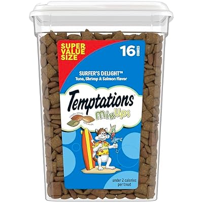 Temptations Cat Treats MixUps Surfer's Delight, Tuna, Shrimp, Salmon Flavor, Crunchy and Soft Cat Treats, 16 oz. Tub