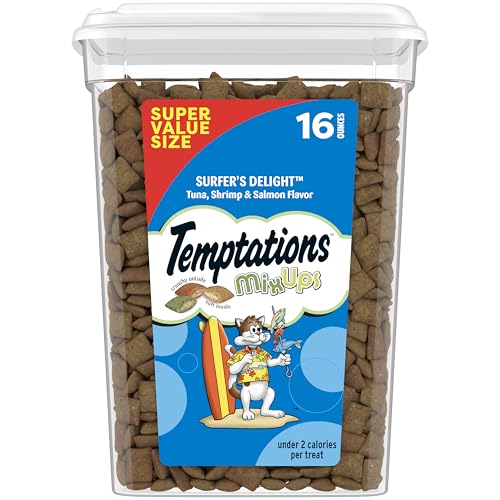 Temptations Cat Treats MixUps Surfer’s Delight, Tuna, Shrimp, Salmon Flavor, Crunchy and Soft Cat Treats, 16 oz. Tub
