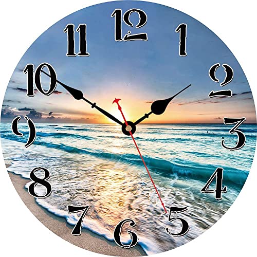 VIKMARI Horloge Murale de Salle de Bain, Plage, mer, 30,5 cm, Belle Horloge Bleue, Horloge Murale en Bois Moderne inhabituelle pour Cuisine, Salon, Chambre à Coucher,...
