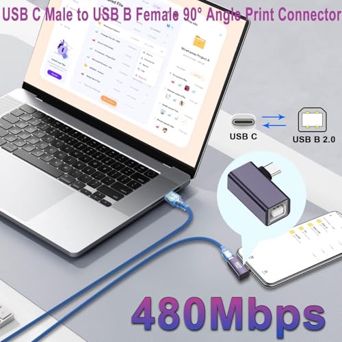 Image of ETZIN USB C Male to USB B Female 90 Angle Print Connector USB C Plug to MIDI Jack Electronic Instrument Right Angle Adapter 480Mbps 20W Charging,Al Hull,for Electronic Piano Printer EPL-1577CC