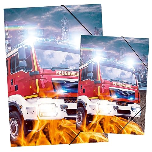 itenga Set Zeichenmappe DIN A3 und Sammelmappe DIN A4 mit Motiv - Gummizugmappe Sammelmappe - für Kinder Jugendliche Schüler Mädchen Jungen (Set A3 und A4 Motiv Fussball) (Feuerwehr Set)