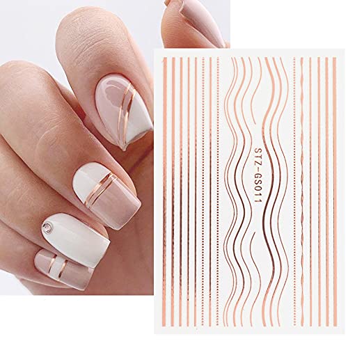 Line Nail Stickers, 3D Self-Adhesive Metallic Nail Decals Rose Gold French Nail Decals Wave Stripe Lines Nail Design Striping Tape Adhesive Diy Nail Decoration (6 Sheets) #TOP3
