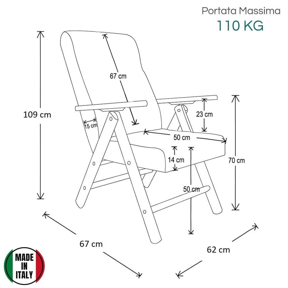 PALUPLUS Poltrona Molisana Reclinabile, Misura 62x67x109 cm, Schienale Regolabile in 4 Posizioni, Struttura e Braccioli in Legno di Faggio, Sedia per casa, Portata 110Kg -221C (Rosso Striato)