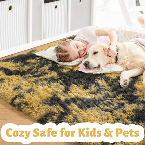 Amdrebio Black Gold Yellow Grey Rugs for Living Room Bedroom Decor, 8x10 Large Fluffy Furry Fuzzy Area Rug for Kids Room Dorm Home Office, Modern Cool Leopard Cheetah Big Carpet for Teen Boys Men
