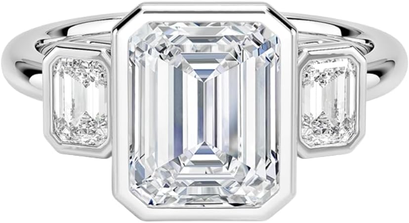 VIVARIS & CO. 1-5 CT Emerald Cut Moissanite Engagement Ring for Women VVS1 Colorless, Rhiannon Bezel Three Stone 10K/14K/18K Solid Gold, 925 Sterling Silver Moissanite Ring Christmas Gift For Her