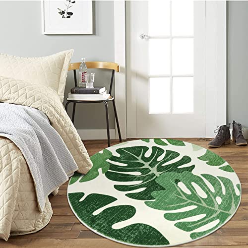 Lukinbox Green Leaf Outdoor Rugs For Patio, 4Ft Round Area Rug Non-Slip Washable Accent Rugs For Bedroom, Cute Soft Circle Tropical Monstera Plant Indoor Entryway Carpets For Living Room Dinning Room #TOP4