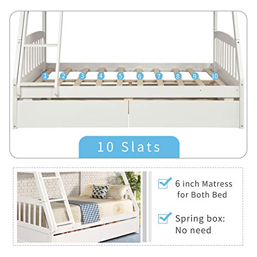 Merax Solid Wood Twin Over Full Bunk Bed with Two Storage Drawers and Removable Ladder, White