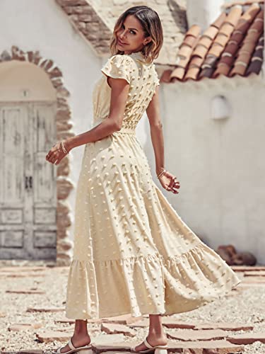 Image of PRETTYGARDEN Womens Dresses 2026 Summer Maxi Dress Boho Short Sleeve V Neck Swiss Dot Ruffle Tiered Smocked Flowy Long Dress