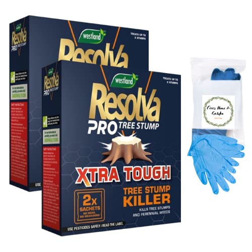 Tree Root Stump Removal Weedkiller DIY Bundle includes 2x Resolva Tree Stump Killer Extra Strong Liquid 2 x 100ml Sachets and 1 pairs of Disposable Hypoallergenic Latex Gloves