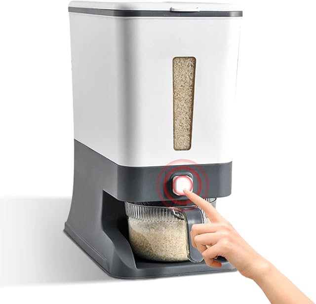 Beowanzk Rice Storage Container 10kg,Cereal Dispenser,Large Airtight Dry Food Containers with Lids and Rice Measuring Cup,Rice Dispenser for Home and Kitchen Grey