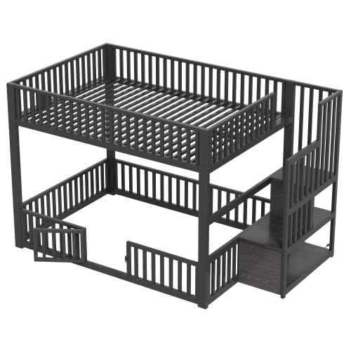 Merax Lit superposé noir 140 x 200 cm avec échelle de rangement, éclairage LED, lit mezzanine pour enfants et adolescents, lit mezzanine avec grilles de protection