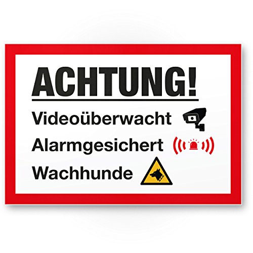 Preisvergleich Produktbild Videoüberwachung / Alarmgesichert / Wachhunde Kunststoff Schild - Achtung / Vorsicht Videoüberwachung - Hinweis / Hinweisschild Videoüberwacht - Hinweis / Warnhinweis