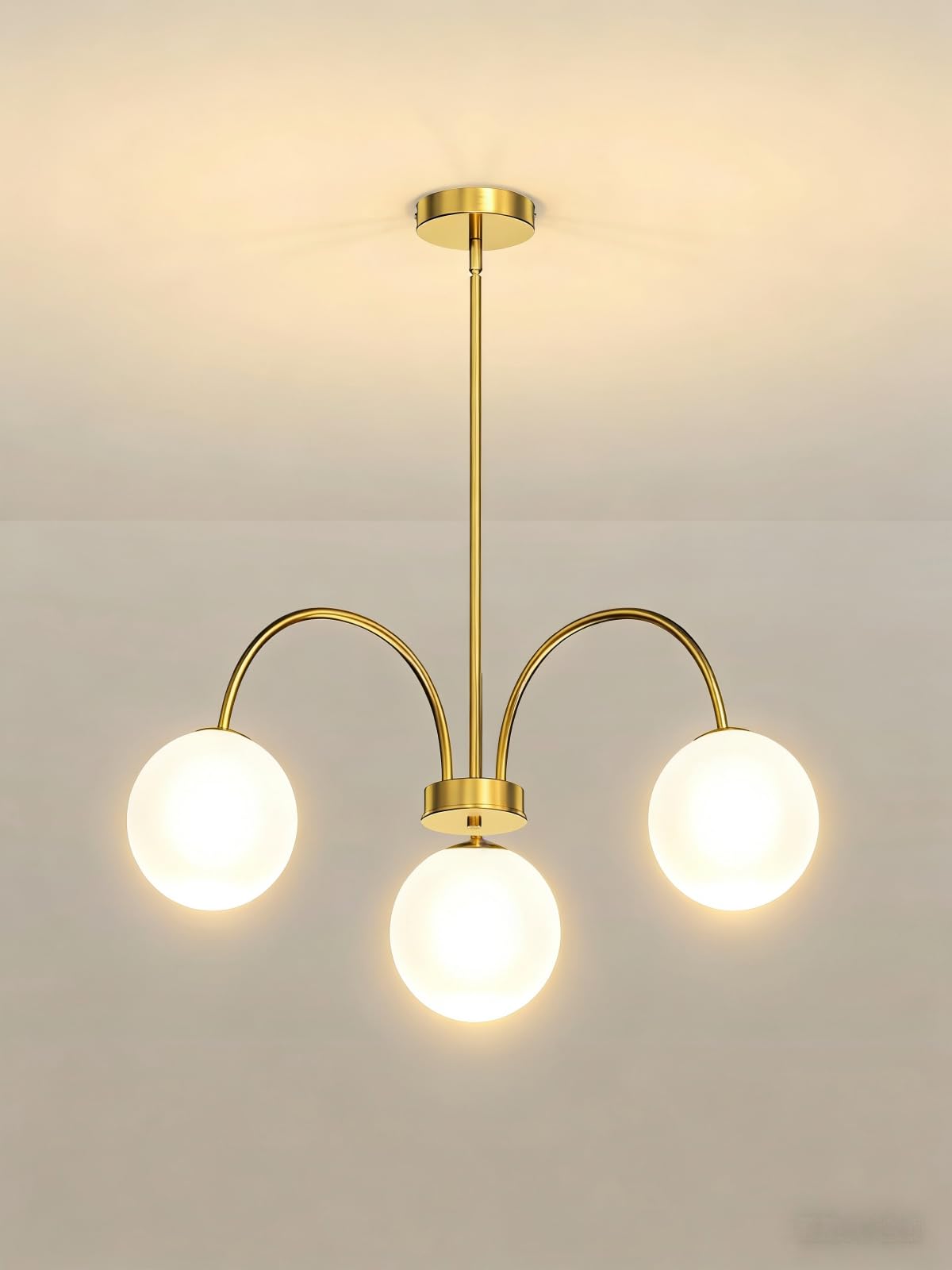 ABUDA Modern Spherical Three-Light Pendant Lamp with Opal Glass Shades, Semi-Recessed Ceiling Light, Suitable for Living Rooms, Corridors, Dining Rooms and Bedrooms.Gold