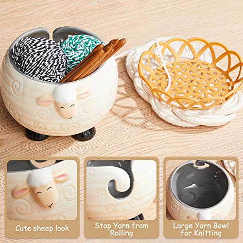 Image of Sleepy Sheep Ceramic Yarn Bowl 6.69 x 4.72 Inch Large Decorative Yarn Holder Knitting Yarn Ball Holder Handmade Craft Knitting Bowl Crocheting Accessories and Supplies Organizer With12 Crochet Hooks