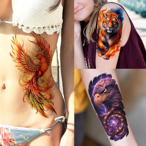 Image of 17 Sheets Unique Watercolor Lion Tiger Animals Temporary Tattoos For Men Women Half Arm Forearm Tattoo Sticker, Realistic 3D Dragon Snake Phoenix Fake Tattoo Sleeve For Adults Body Art Long Lasting