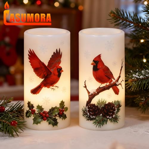 Image of Christmas Cardinal Flameless Pillar Candles with Remote Timer, LED Candles in Real Wax Holder, Battery Operated Candle for Christmas Decor Indoor Xmas Gifts(2 Pack, 3 inch x 6 inch)