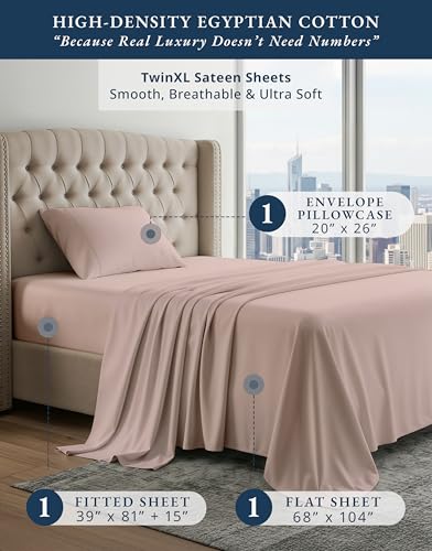 Image of LANE LINEN Twin XL Sheets Deep Pockets Egyptian Cotton Sateen - Sepia Rose | Pink Twin XL Sheets - 3-Piece Set, Ideal For Dorms And Adjustable Beds, For A Luxurious Night's Sleep, Luxe Sheen