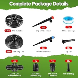 110FT Drip Irrigation System for Garden, Quick-Connect Automatic Garden Watering System with 1/2" & 1/4" Tubing and Accessories - Adjustable Sprinklers Kit for Greenhouse, Yard, Lawn, Raised Bed