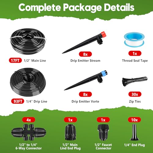 110FT Drip Irrigation System for Garden, Quick-Connect Automatic Garden Watering System with 1/2" & 1/4" Tubing and Accessories - Adjustable Sprinklers Kit for Greenhouse, Yard, Lawn, Raised Bed