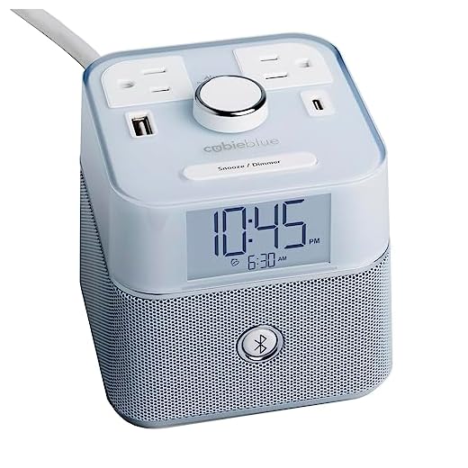 Brandstand | CubieBlue 2.0 | User Friendly & Convenient Alarm Clock Charger | 1 USB-A and 1 USB-C Ports | 2 Tamper Resistant Sockets Bluetooth Speaker