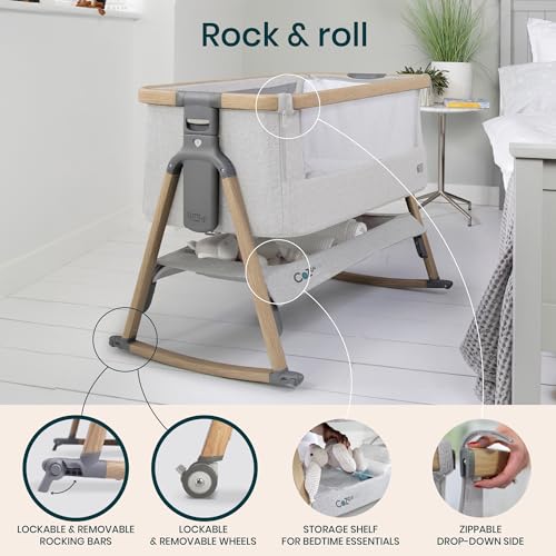 Image of Tutti Bambini CoZee Air Baby Bassinet & Bedside Sleeper - Rocking Bassinet for Baby, Fast-Folding with Travel Bag, Deluxe Airflow Mattress & 6 Mattress Heights, 0-6 Months (Silver & Oak)