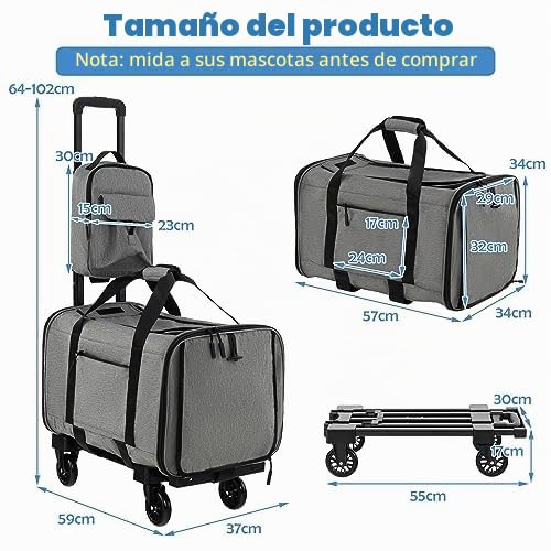 FANTASK Transportín portátil, bolsa de transporte con asa telescópica, ruedas y bolsillo pequeño, caja de viaje plegable para mascotas pequeñas y medianas