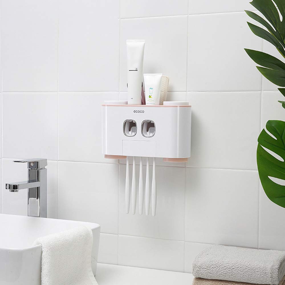 Stringi di dentifricio automatico set porta spazzolino montato a parete con 2 distributori 4 tazze e 5 slot articoli da toeletta rastrellatura rosa (Rosa)
