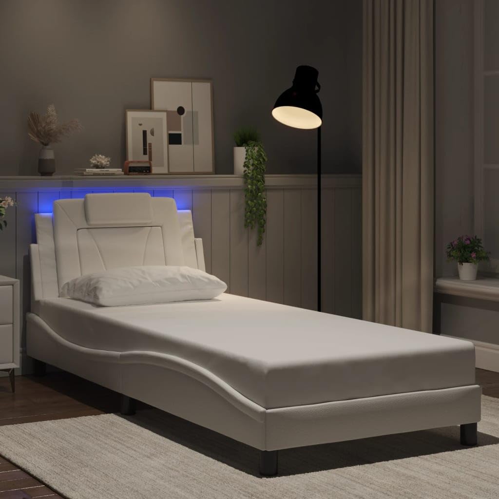 Estructura de cama Viana con LED completamente blanco, 90 x 200 cm, piel sintética, cabecero de madera contrachapada y metal, diseño ondulado, moderno, cama tapizada para jóvenes y