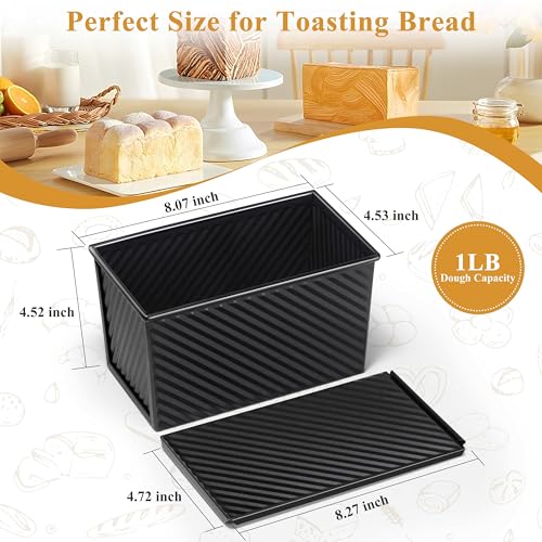 Image of LIANYU 2 Pack Pullman Loaf Pan with Lid, 1 Pound Dough Bread Loaf Pans | Nonstick Metal Bakeware for Sourdough Sandwich Homemade Bread, Carbon Steel Corrugated Toast Tin, Black