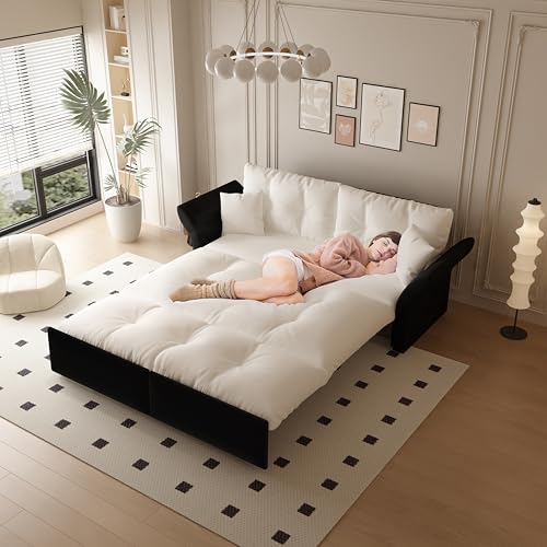 Hmluxury Sofá cama multifuncional de 190 cm, tamaño queen, 3 en 1, convertible con mechones y cojines, funda de terciopelo, color beige/blanco, ideal para salón y dormitorio