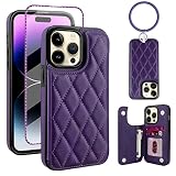 Coolden Wallet Case for iPhone 14 Pro, Quilted Leather Card Holder Case with [Screen Protector] [ Br