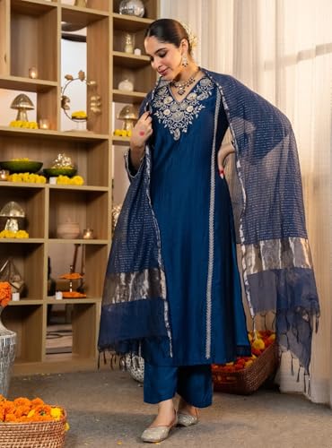 Image of Klosia Women Embroidery Solid Straight Kurta and Pant Set with Dupatta