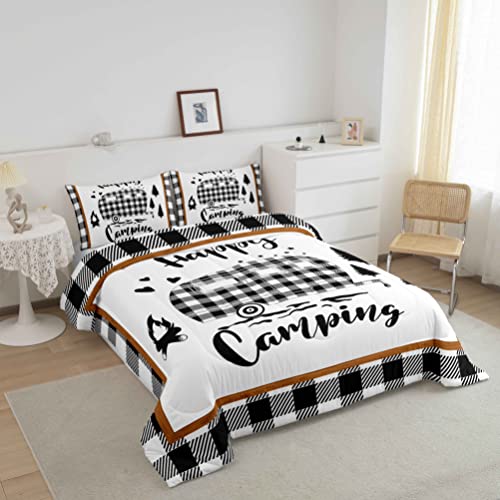 Boys Happy Camping Queen Size Comforter Set Kids Camper Decor All Season Bedding Set Girls Teens Rustic Farmhouse Comforter Camping Car Decor Geometric Quilt Set Bedroom Collection 3Pcs,White Black #TOP1