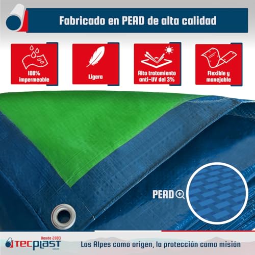 Miniatura 3 de Lona Impermeable 5x8 M - Tecplast - Sr150mu - Azul Y Verde Lona Exterior Con Ojales - Anti Rayos Uv