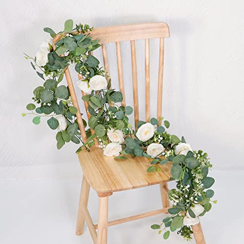 TOCHGREEN 4 Pack 24Ft Artificial Eucalyptus Flower Garland with White Roses, Fake Rose Flower Greenery Garland Floral Vines for Wedding Home Party Room Table Runner Decor (4PCS, Wh image 1