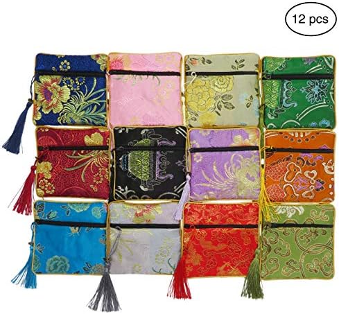 Ouyatoyu 12Pcs Chinese Silk Brocade Embroidered Jewelry Pouch Bag, Change Pouch Gift Bags Tasseled Coin Cash Purse Wallet with Zipper（12pcs Random Color）