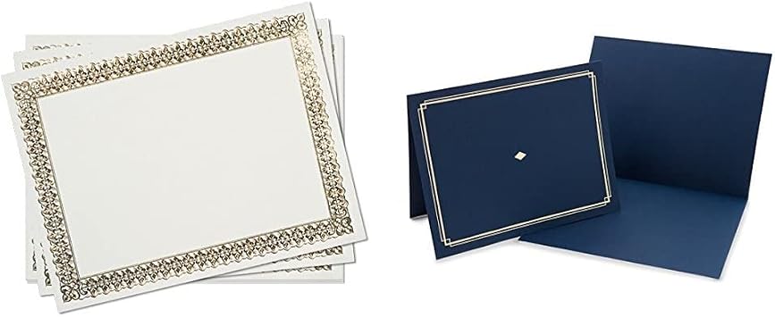 Gartner Studios Gold Foil Certificate Paper, Parchment Design, 80lb 8.5 x 11, 15 Count & Certificate Kit, Includes 6 8.5" x 11" Blue with Gold Detail Certificate Holders