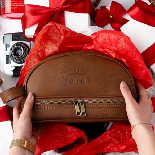 Vetell Classic Leather Men's Travel Toiletry Bag And Dopp Kit With Upper And Lower Zippered Compartments, 2 Mesh Bottle Pouches And Carrying Handle #TOP1